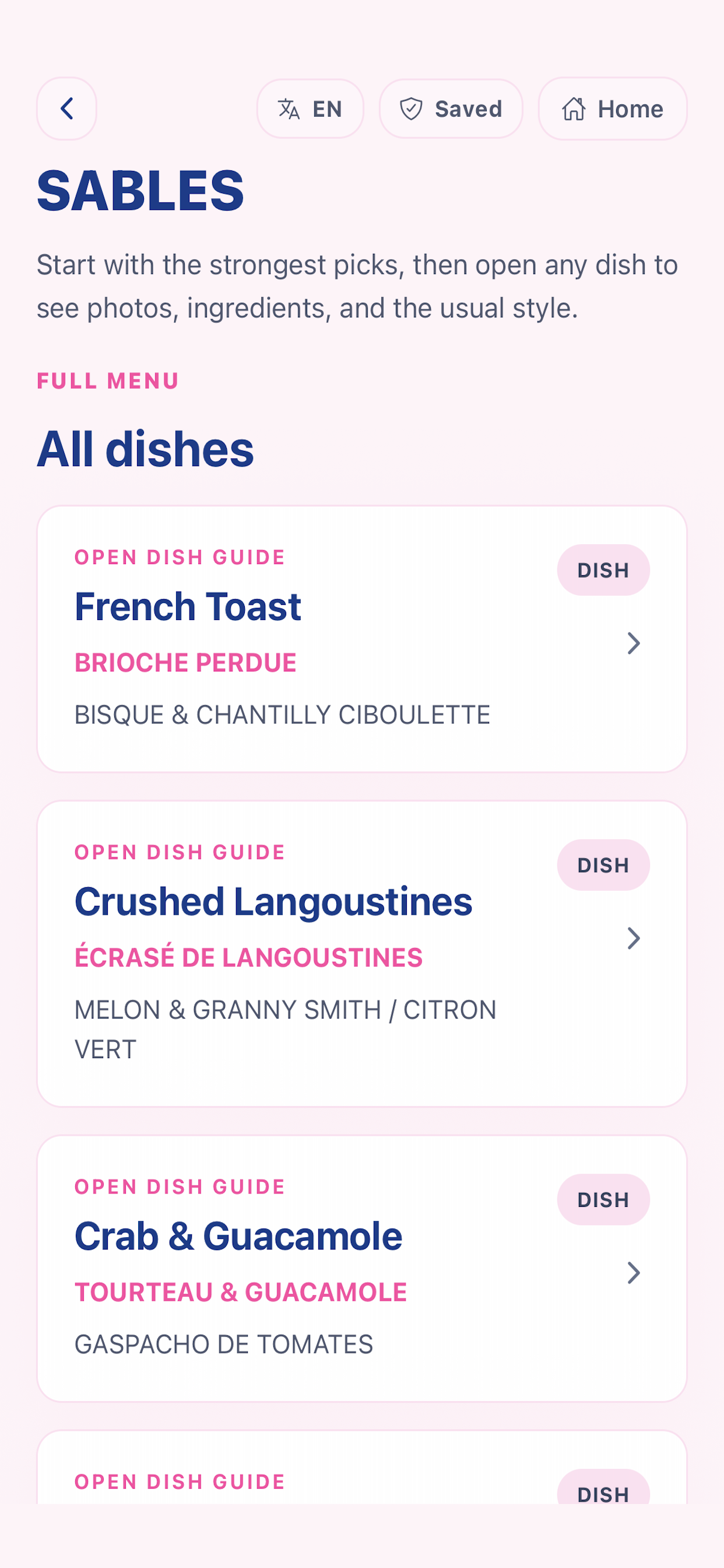 MenuTeller menu item list screen