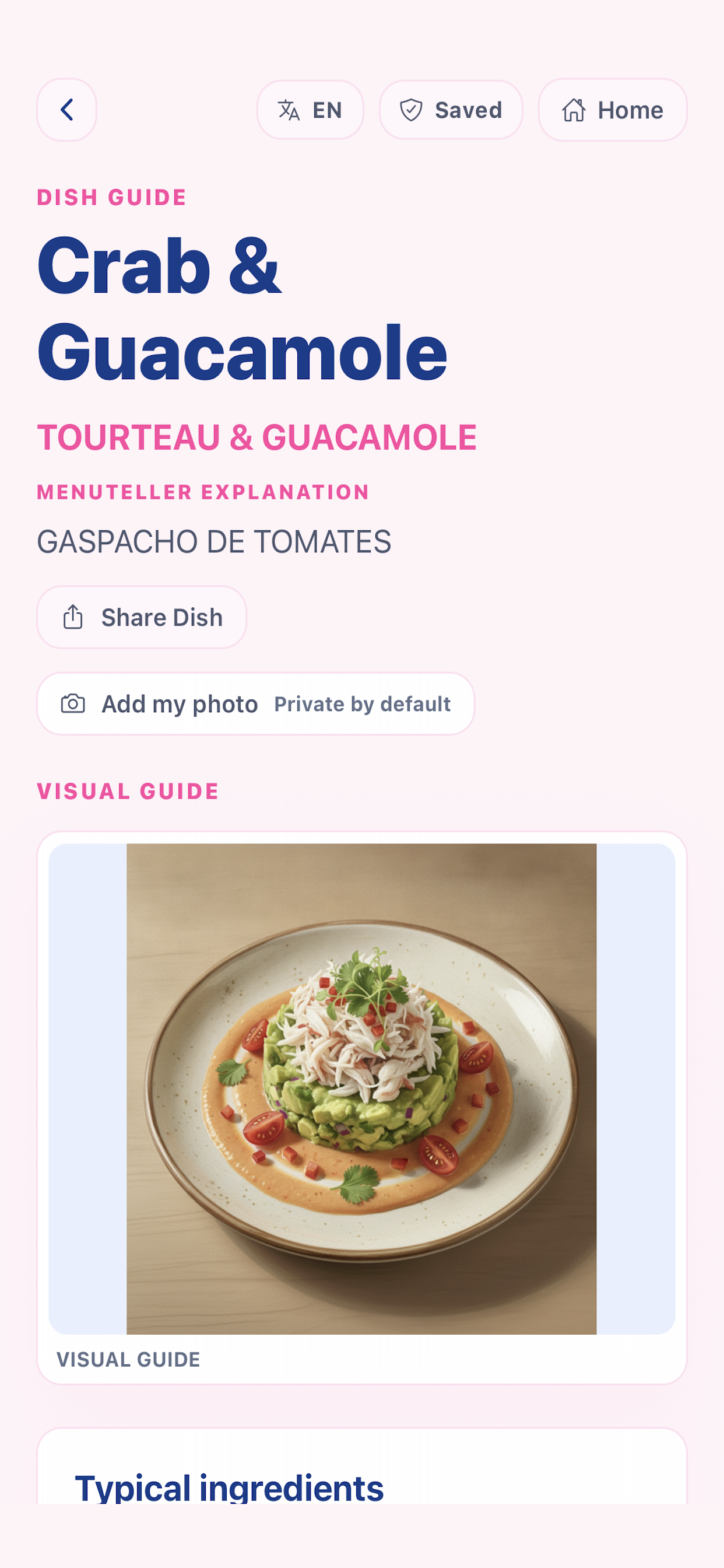 MenuTeller dish guide screen