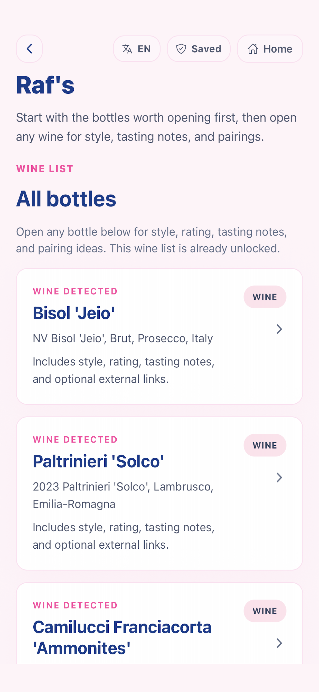 MenuTeller wine analysis screen