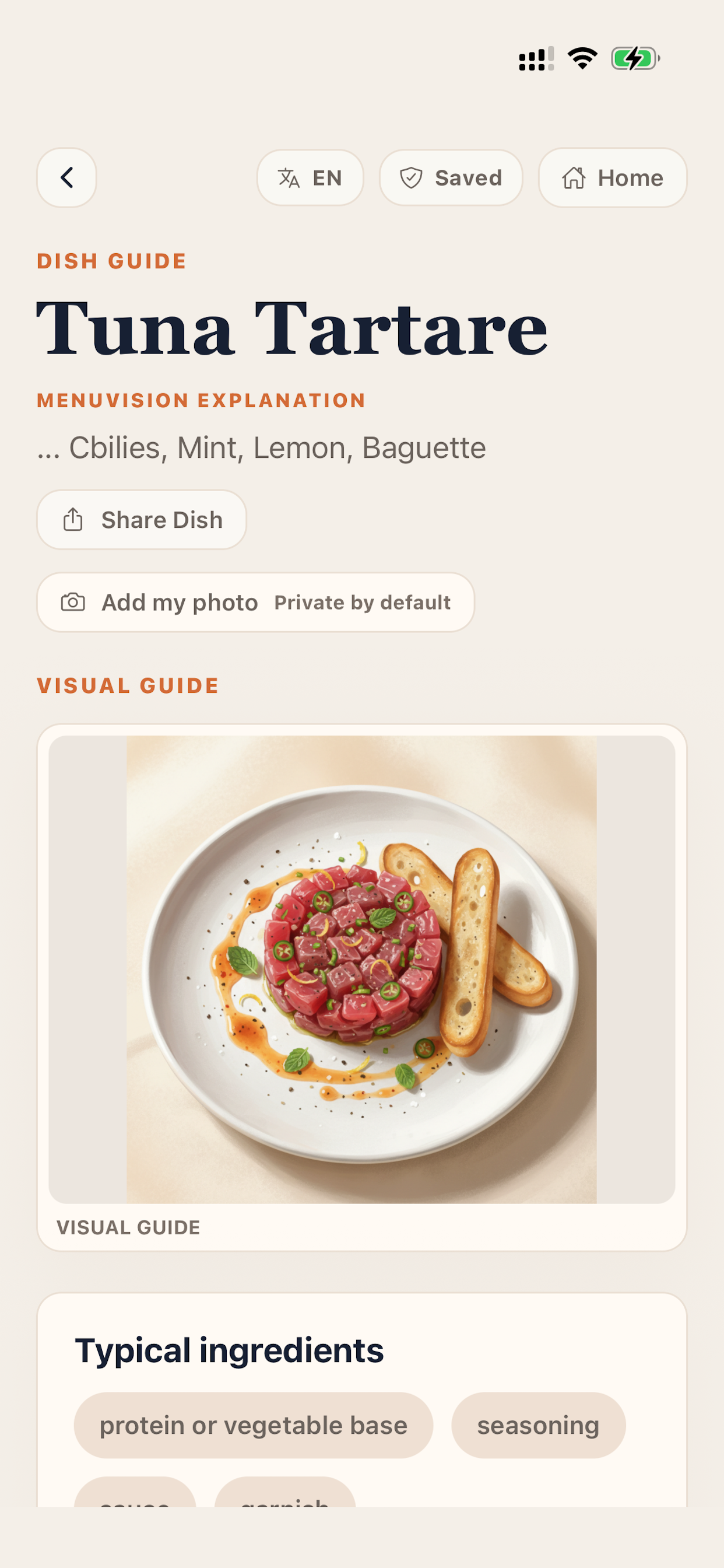 MenuVision dish guide screen