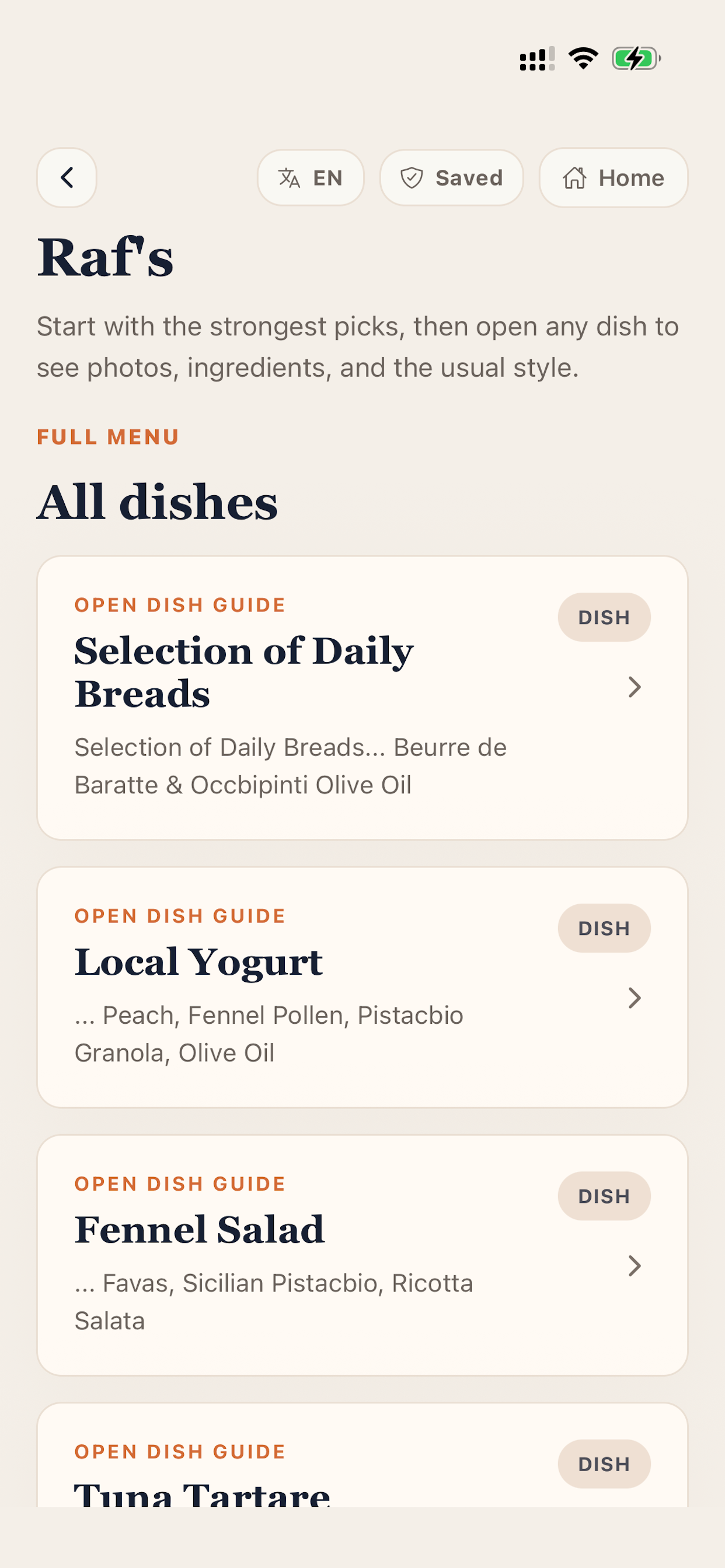 MenuVision menu item list screen