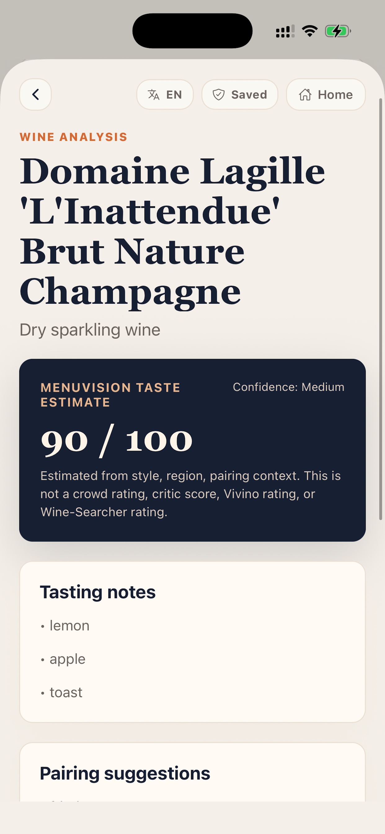 MenuVision wine analysis screen