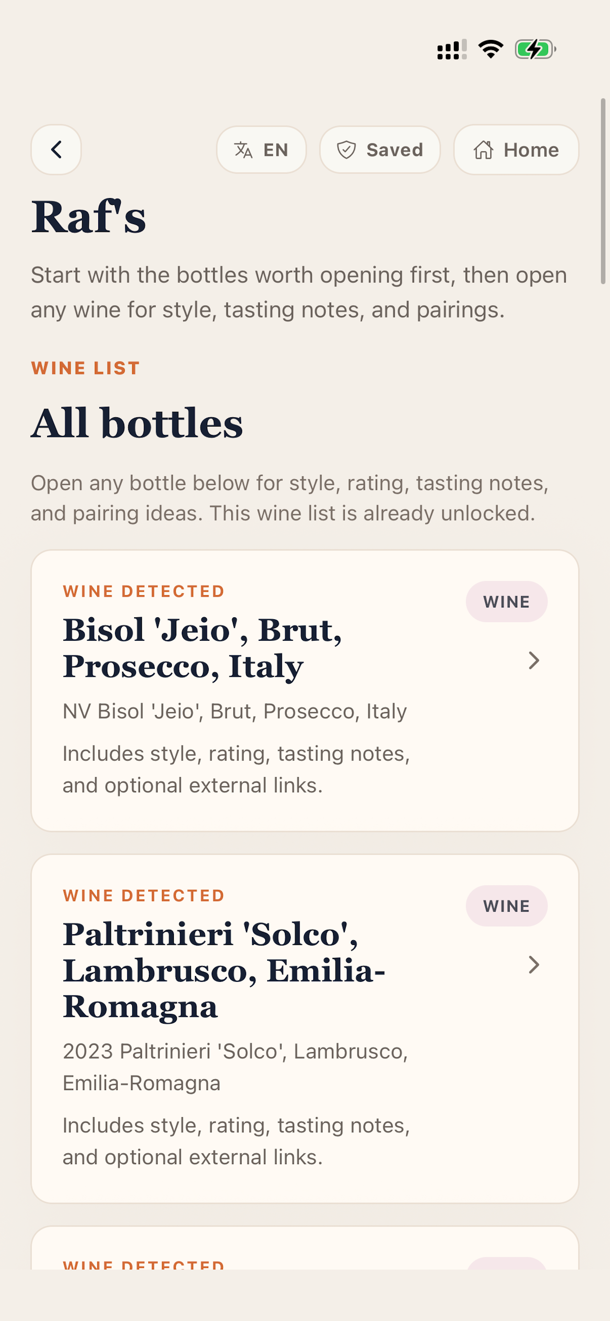 MenuVision wine list screen